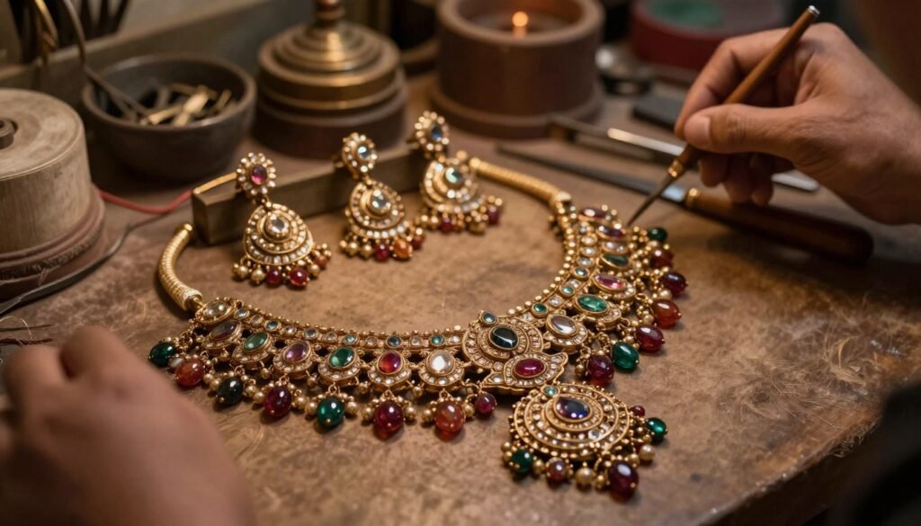 Kundan craftsmanship and Meenakari jewellery details